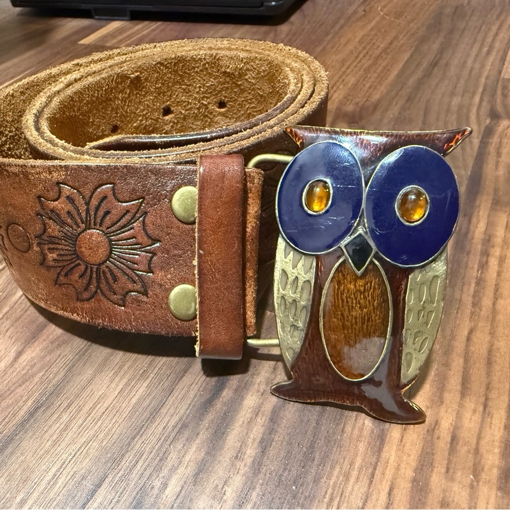 Hollister Leather Belt Owl Buckle Embossed Floral Western Boho Large - Picture 2 of 5
